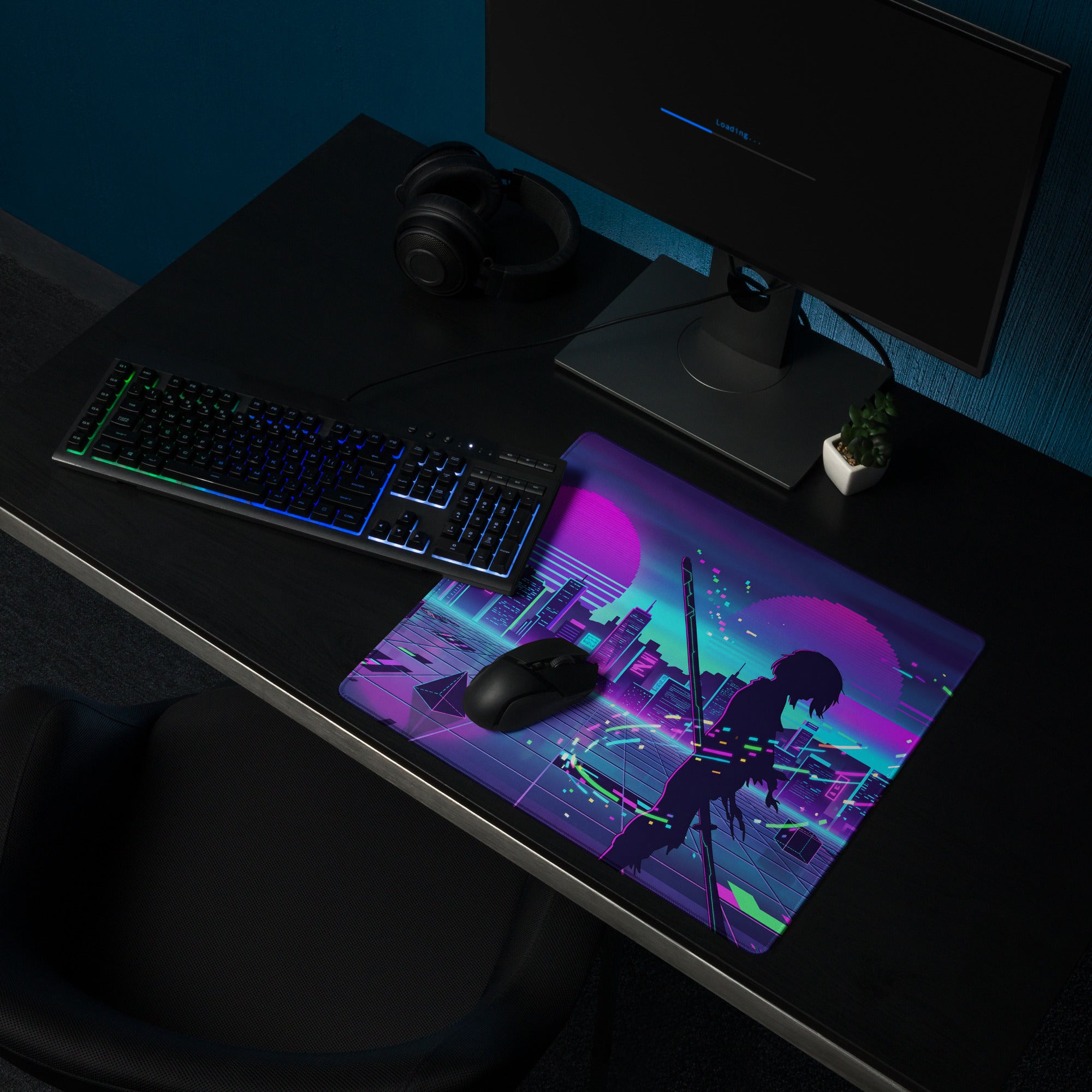 Vibrant neon purple and teal cyberpunk gaming mousepad featuring an anime character silhouette with sword cityscape