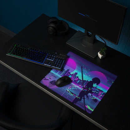 Vibrant neon purple and teal cyberpunk gaming mousepad featuring an anime character silhouette with sword cityscape