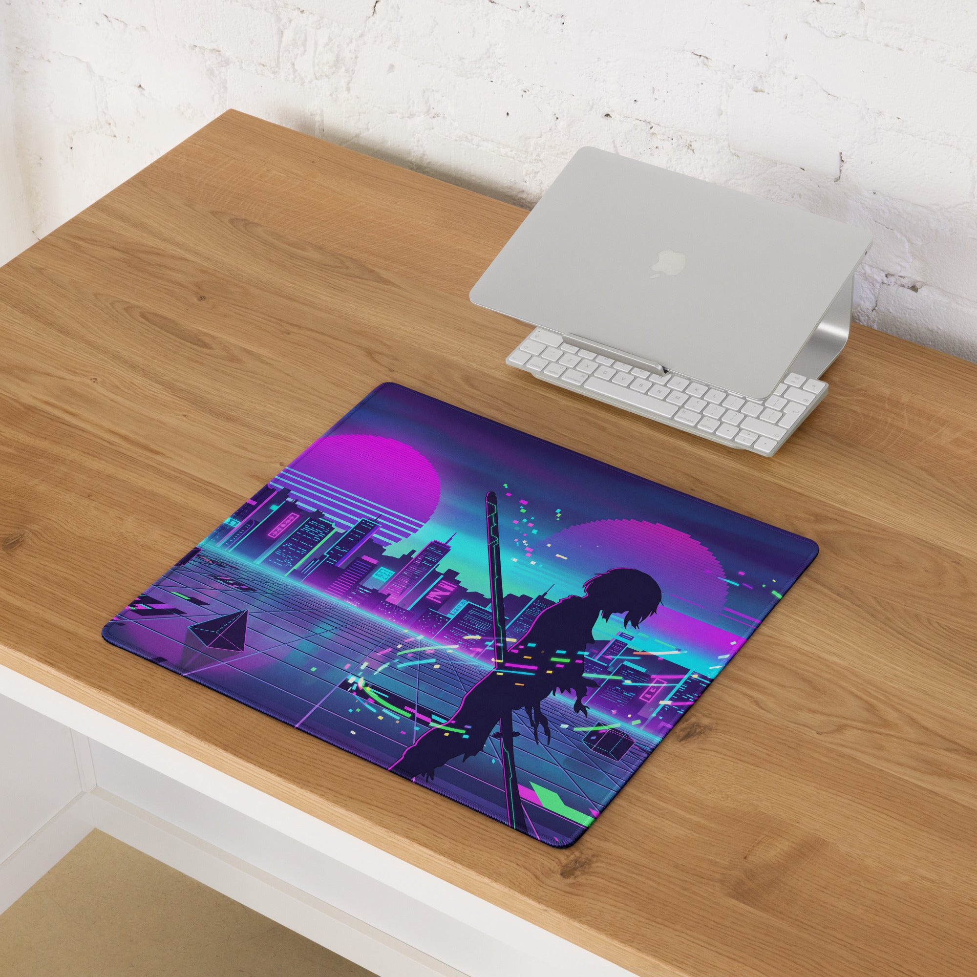 Navy blue and purple neon cityscape mousepad with anime sword silhouette for vaporwave cyberpunk gaming art