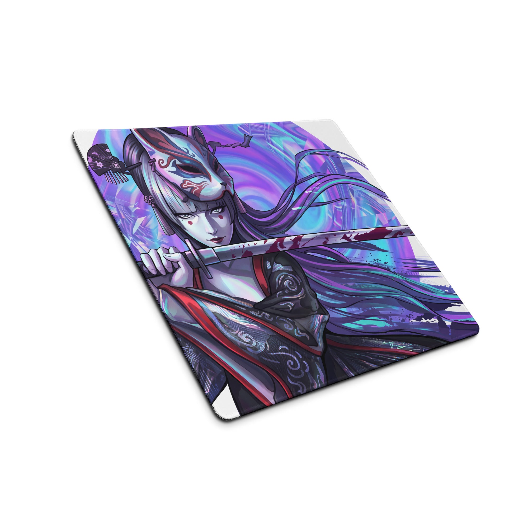 Purple and black illustrated anime-style masked warrior mousepad with sword for vaporwave geisha neon gaming desk setup