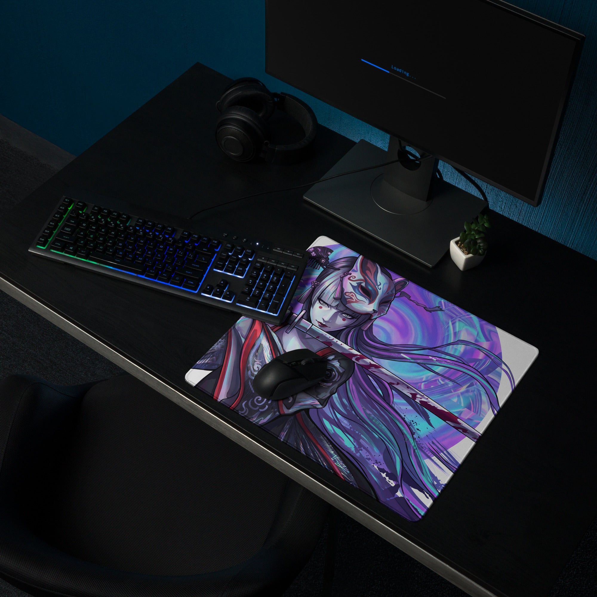 Rectangular vaporwave geisha neon gaming mousepad with vibrant purple and blue anime character illustration
