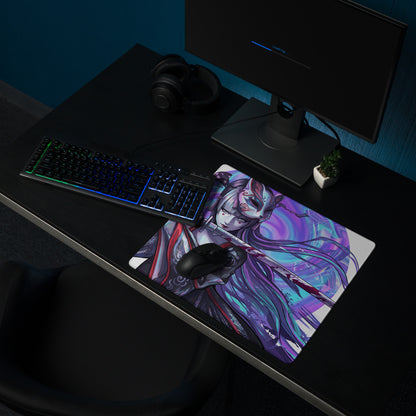 Rectangular vaporwave geisha neon gaming mousepad with vibrant purple and blue anime character illustration