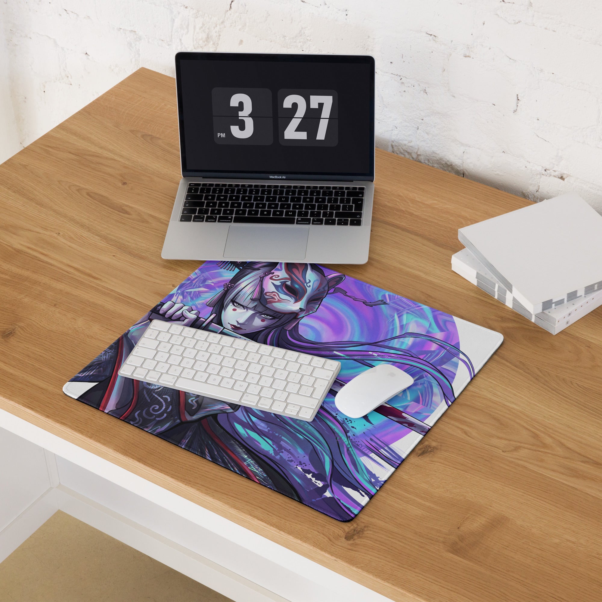 Vaporwave geisha neon mouse pad with vibrant purple and blue anime character artwork for gaming desks and cyberpunk decor