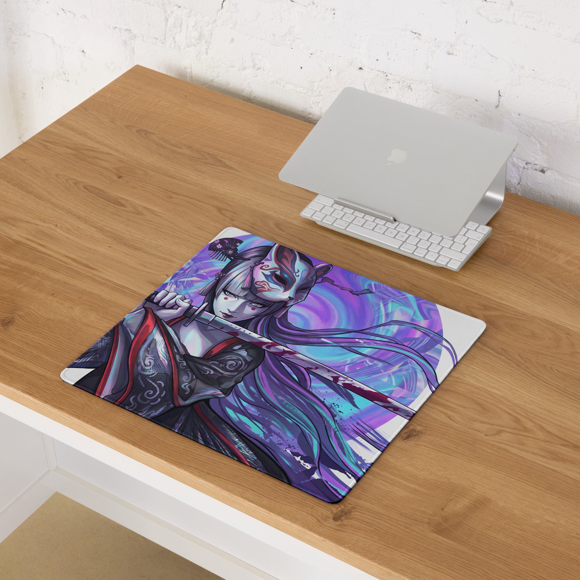 Vaporwave geisha neon mouse pad with vibrant anime masked warrior in purple and teal robes on cosmic background