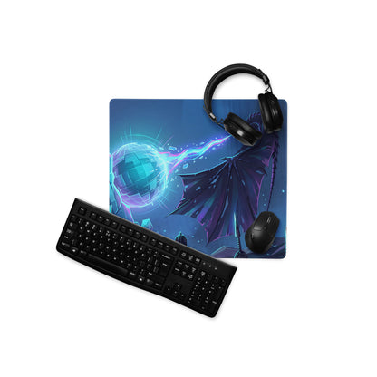 Blue gaming mousepad with fantasy dragon design featuring glowing blue and purple vaporwave neon cyberpunk accents