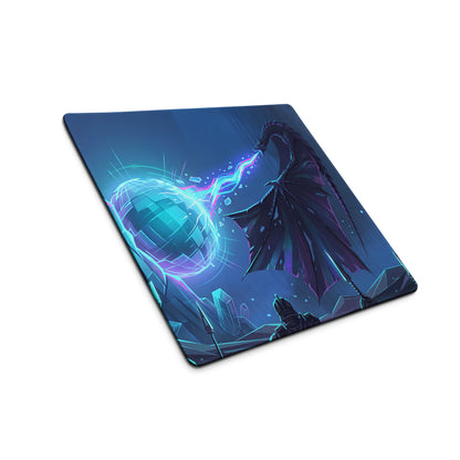 A rectangular vaporwave neon dragon desk mat featuring a dark blue and purple dragon breathing energy at a glowing orb