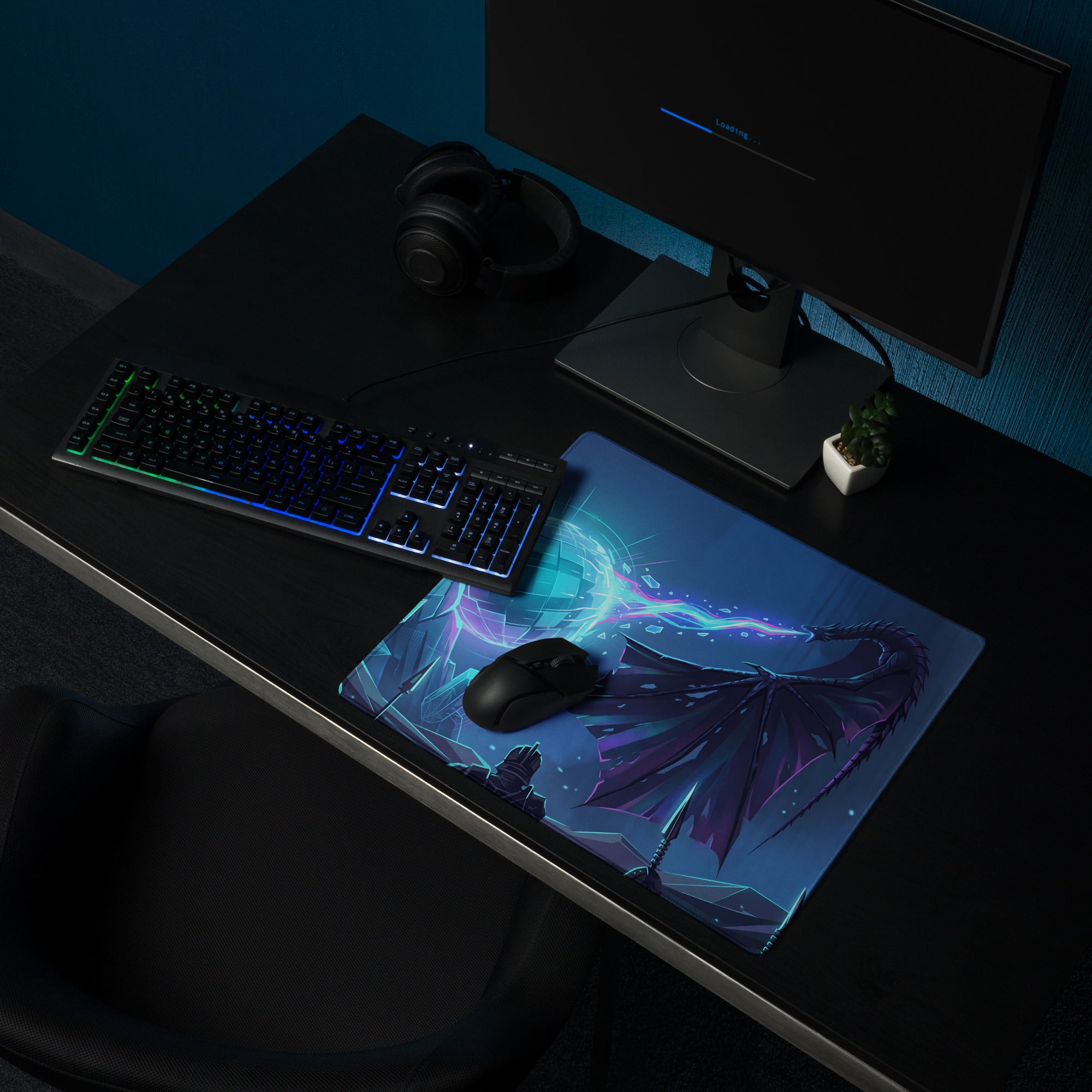 Vaporwave neon dragon desk mat featuring a purple dragon and glowing blue energy for gaming and computer use