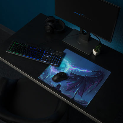 Vaporwave neon dragon desk mat featuring a purple dragon and glowing blue energy for gaming and computer use