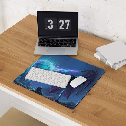 Vaporwave neon dragon desk mat featuring a blue dragon design with glowing energy effects for gaming use