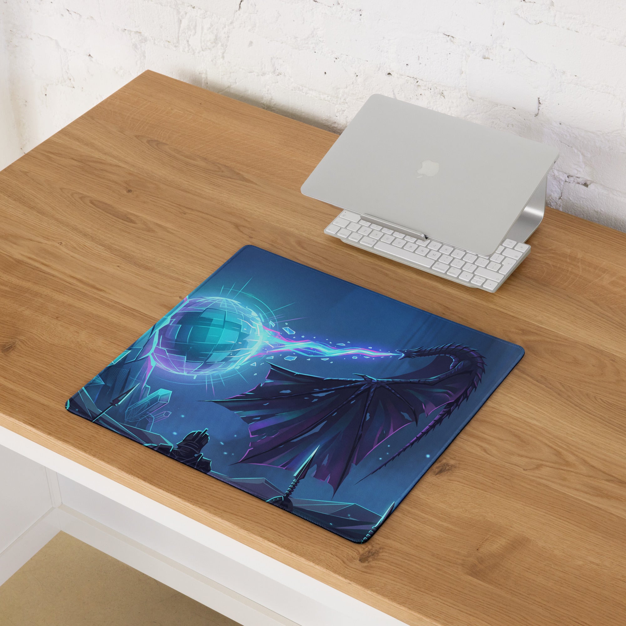A vibrant blue vaporwave neon dragon desk mat with glowing purple and teal accents for gaming use