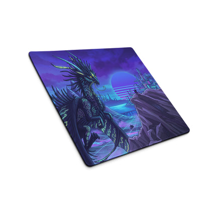 Navy blue and purple neon dragon vaporwave desk pad with glowing dragon and futuristic cityscape digital art design