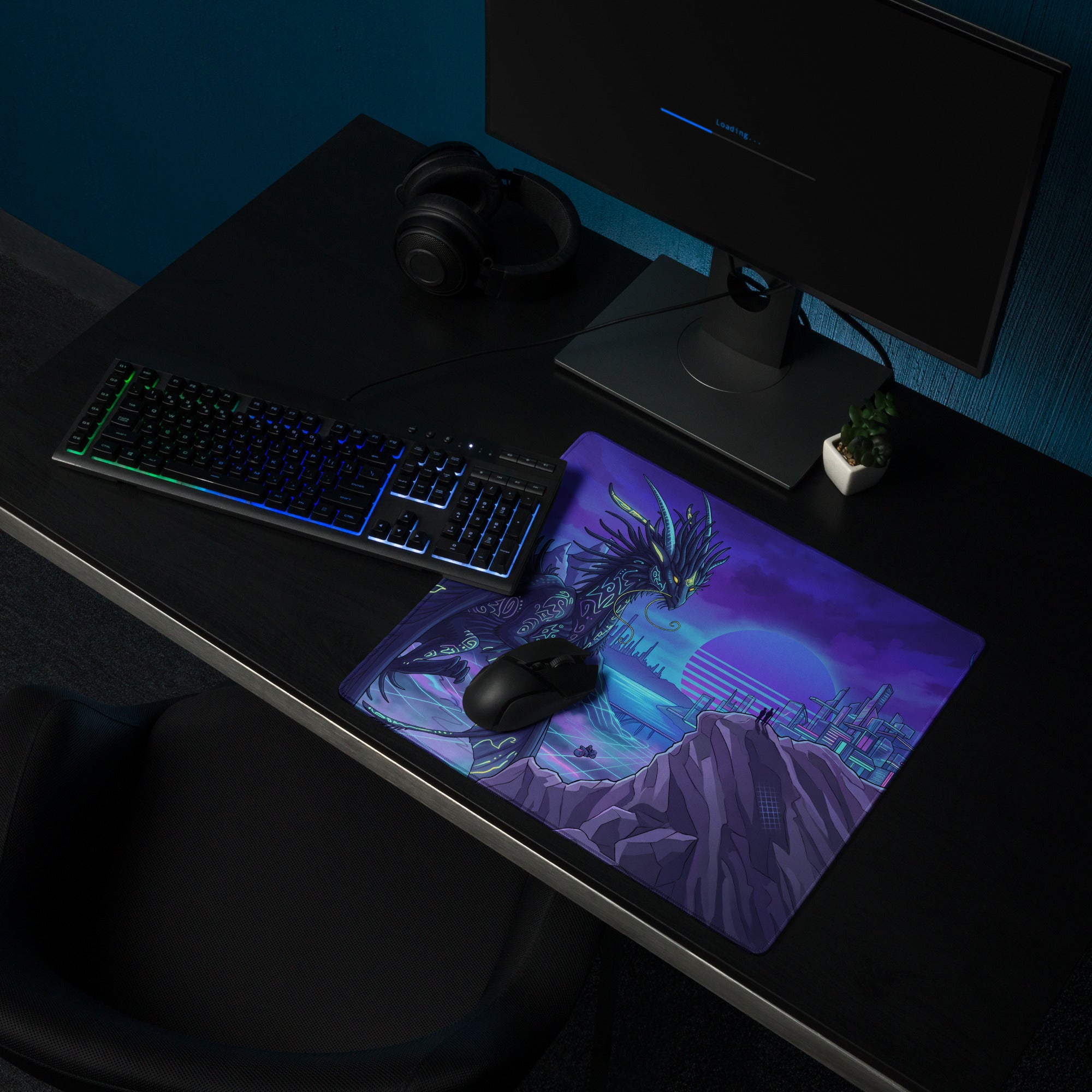 Purple and blue fantasy dragon-themed neoprene gaming mousepad with mythical creature and futuristic cityscape design