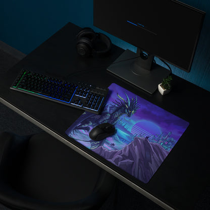 Purple and blue fantasy dragon-themed neoprene gaming mousepad with mythical creature and futuristic cityscape design