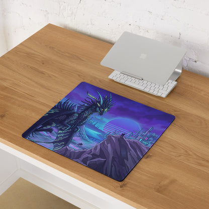 Neon dragon vaporwave desk pad featuring a purple and blue dragon-themed design with a futuristic cityscape pattern