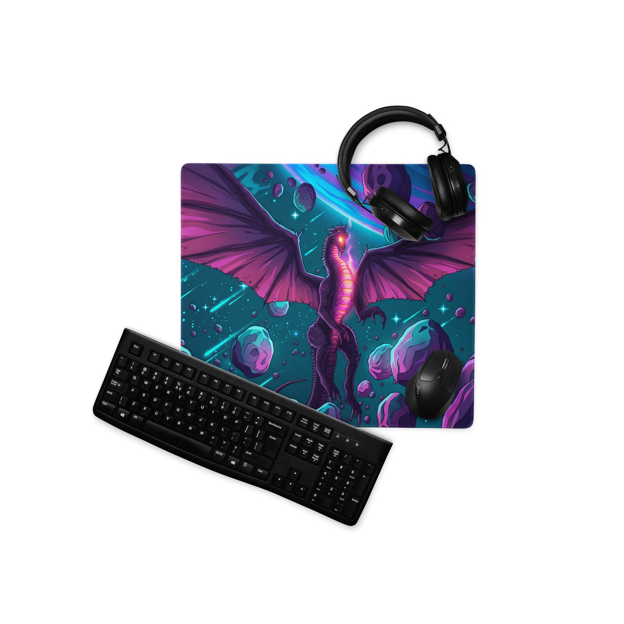 Vibrant purple and teal cosmic dragon-themed glossy gaming mousepad designed for vaporwave neon retro desk setups