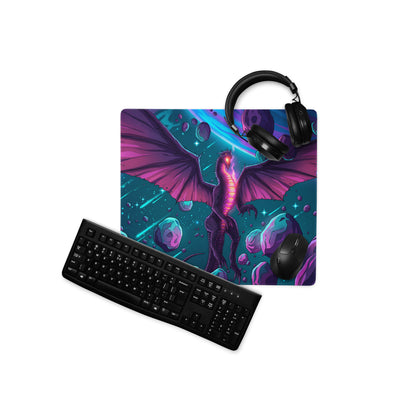 Vibrant purple and teal cosmic dragon-themed glossy gaming mousepad designed for vaporwave neon retro desk setups