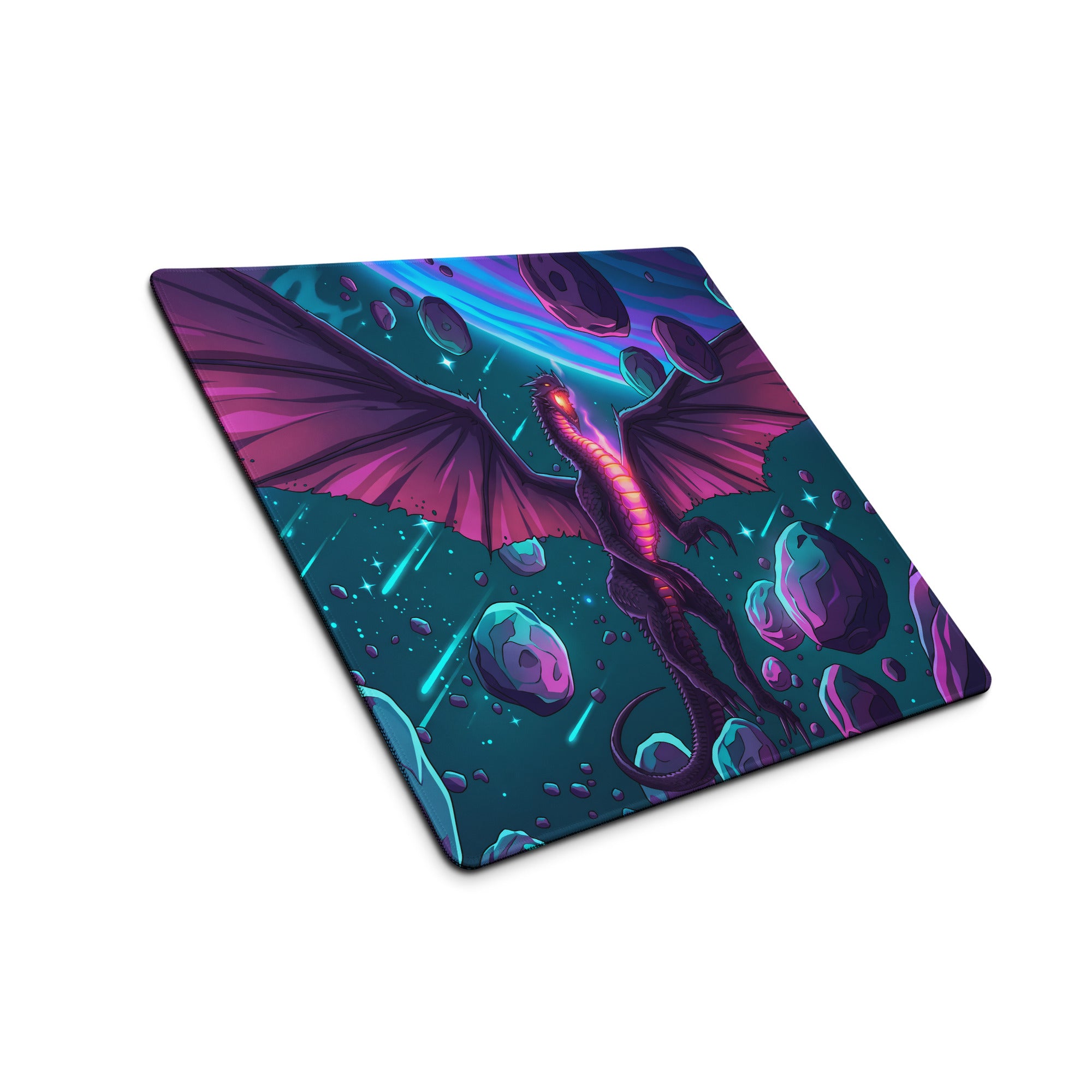 Vibrant cosmic dragon-themed gaming mousepad with glowing red eyes purple wings on a teal space backdrop with neon streaks
