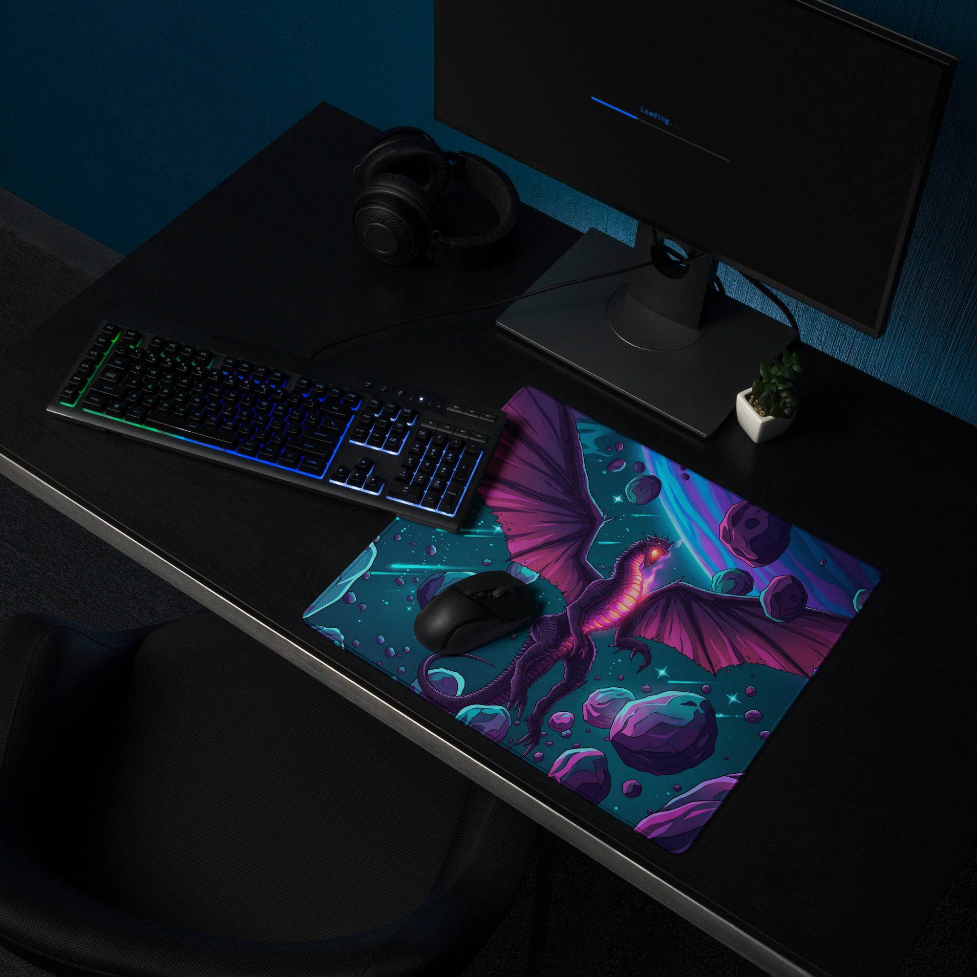 Vibrant purple dragon-themed gaming mousepad with cosmic space design and glowing vaporwave neon accents