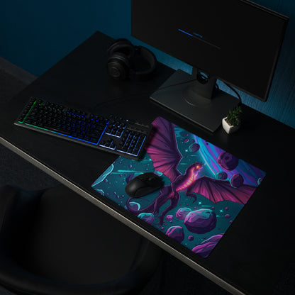 Vibrant purple dragon-themed gaming mousepad with cosmic space design and glowing vaporwave neon accents