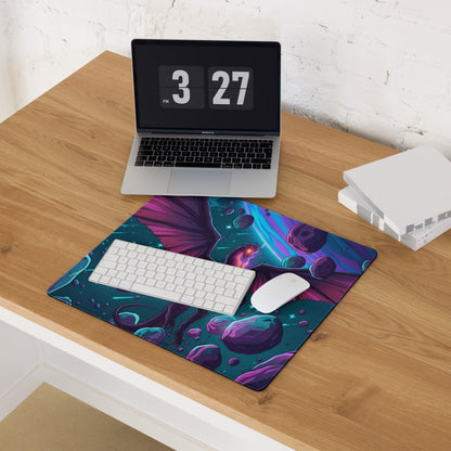 Vaporwave neon dragon desk mat with vibrant purple and teal cosmic nebula and floating asteroids for gaming use