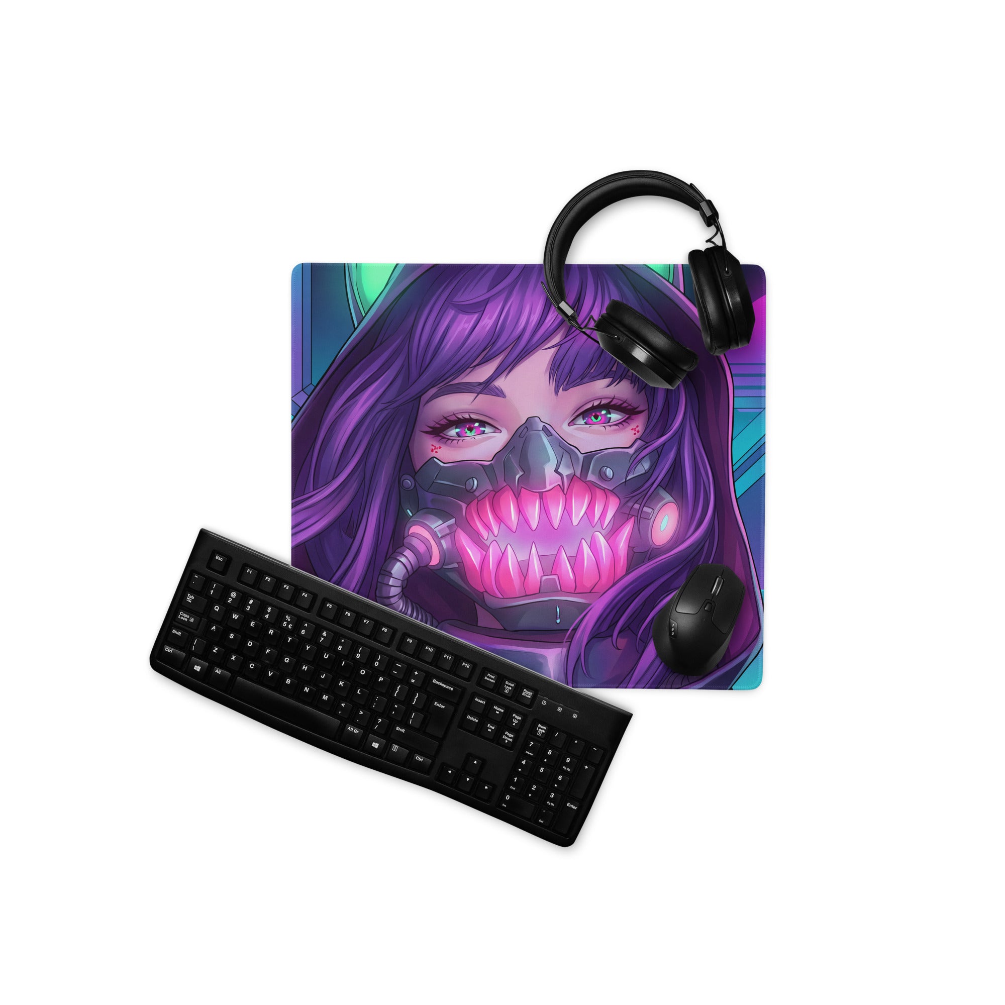 Purple-haired anime character with pink glowing teeth and black respirator on vibrant neon purple blue gaming mouse pad