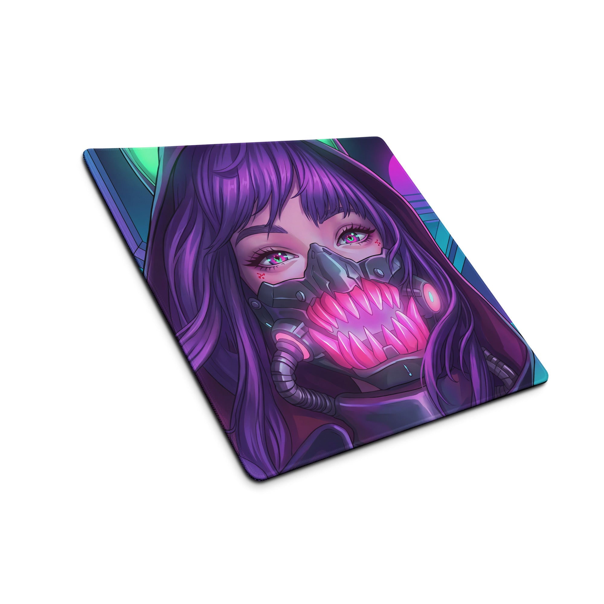 Vaporwave neon predator gaming mouse pad with purple-haired anime character glowing pink teeth and black respirator mask