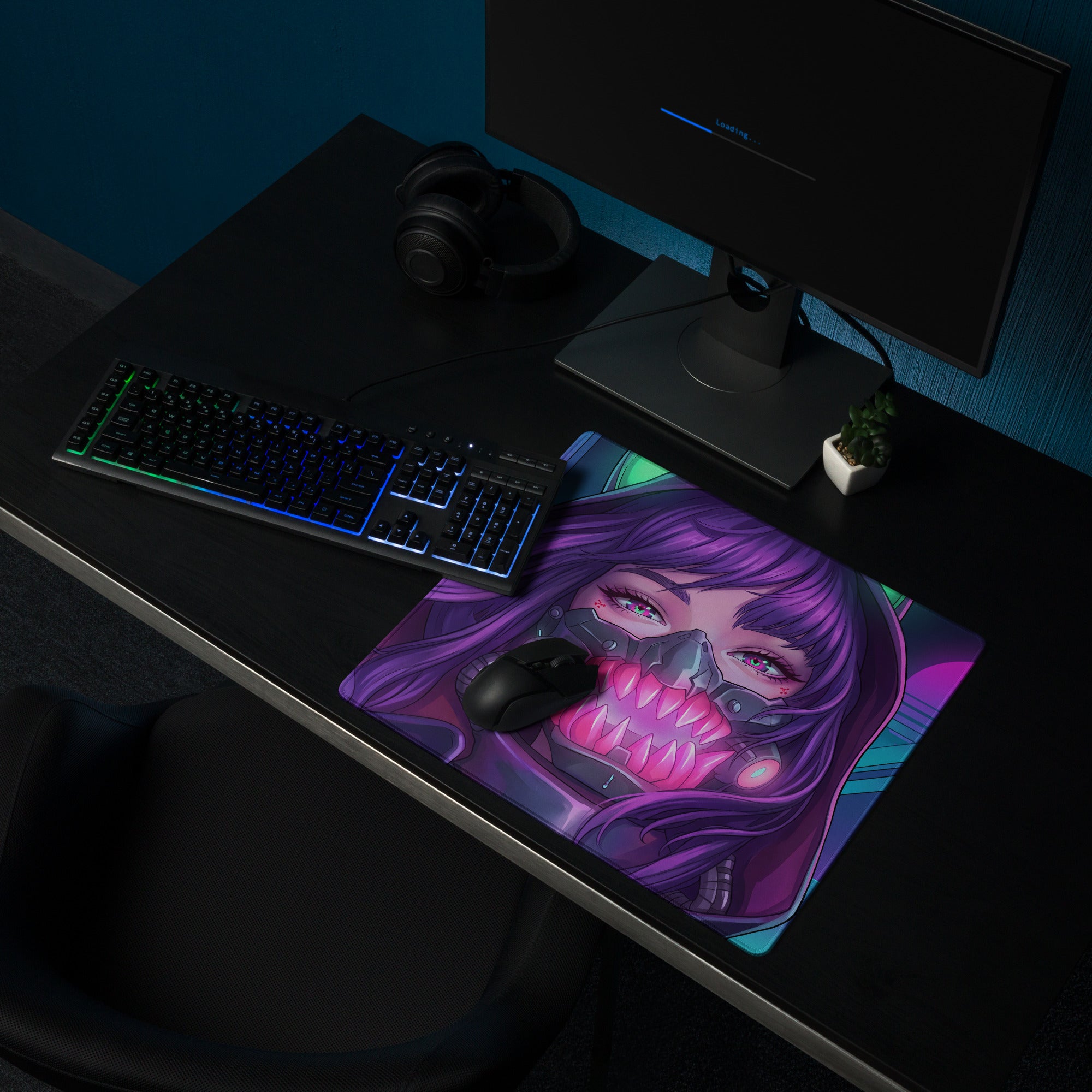 Vibrant purple and pink vaporwave neon predator gaming mouse pad with character wearing metallic mask and glowing teeth