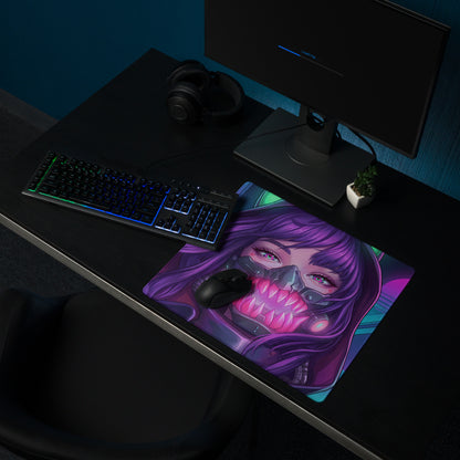 Vibrant purple and pink vaporwave neon predator gaming mouse pad with character wearing metallic mask and glowing teeth