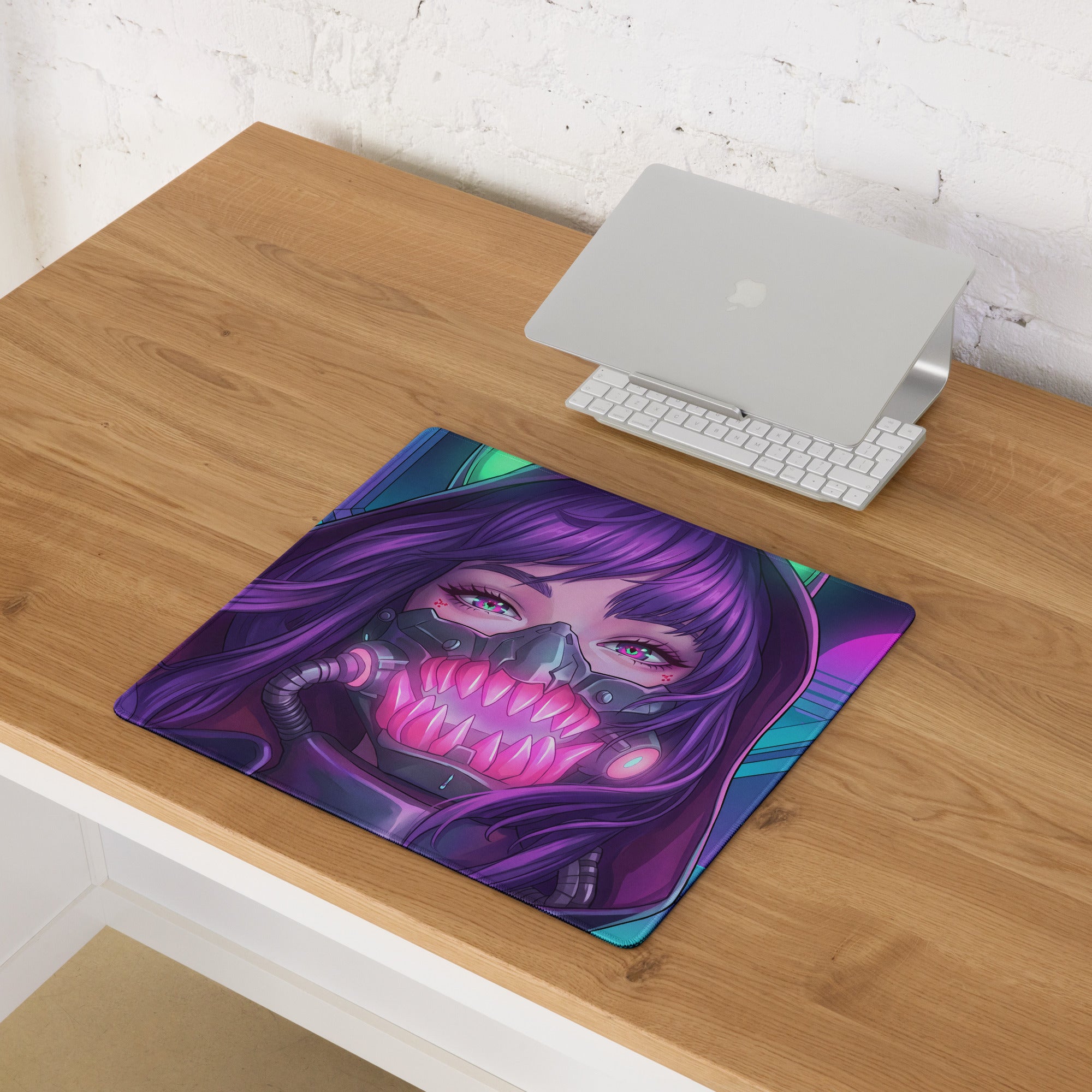 Purple-haired anime character with pink respirator on neon purple blue vaporwave cyberpunk rectangular gaming mousepad