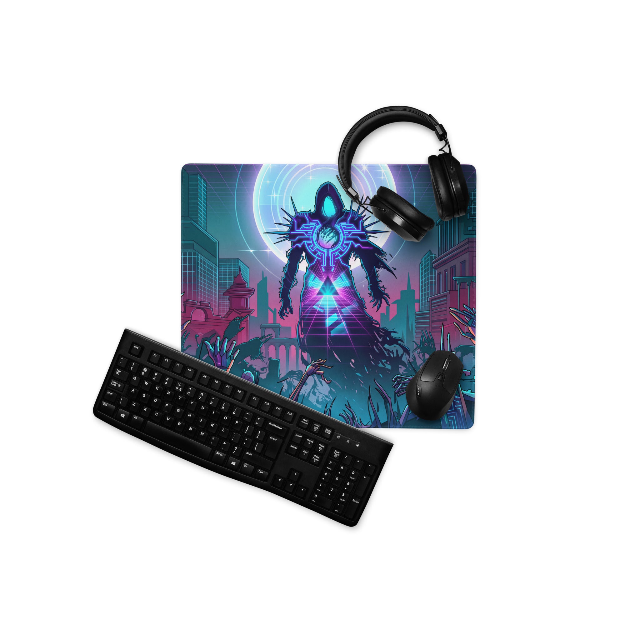 Neon void vaporwave gaming mouse pad with nebula-themed glowing blue and purple cyberpunk character design