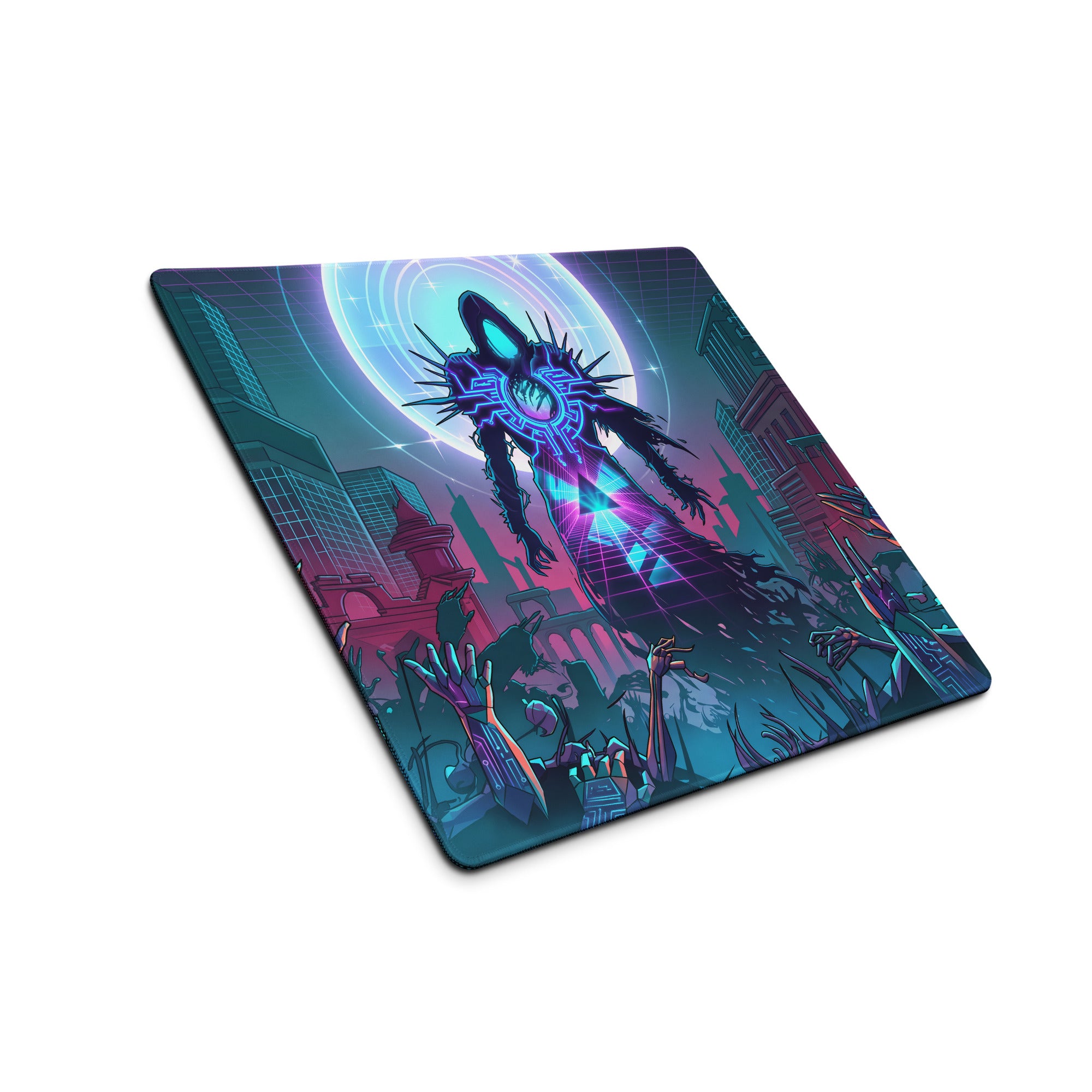 Neon void vaporwave gaming mouse pad with nebula theme featuring glowing alien figure in purple blue pink neon colors