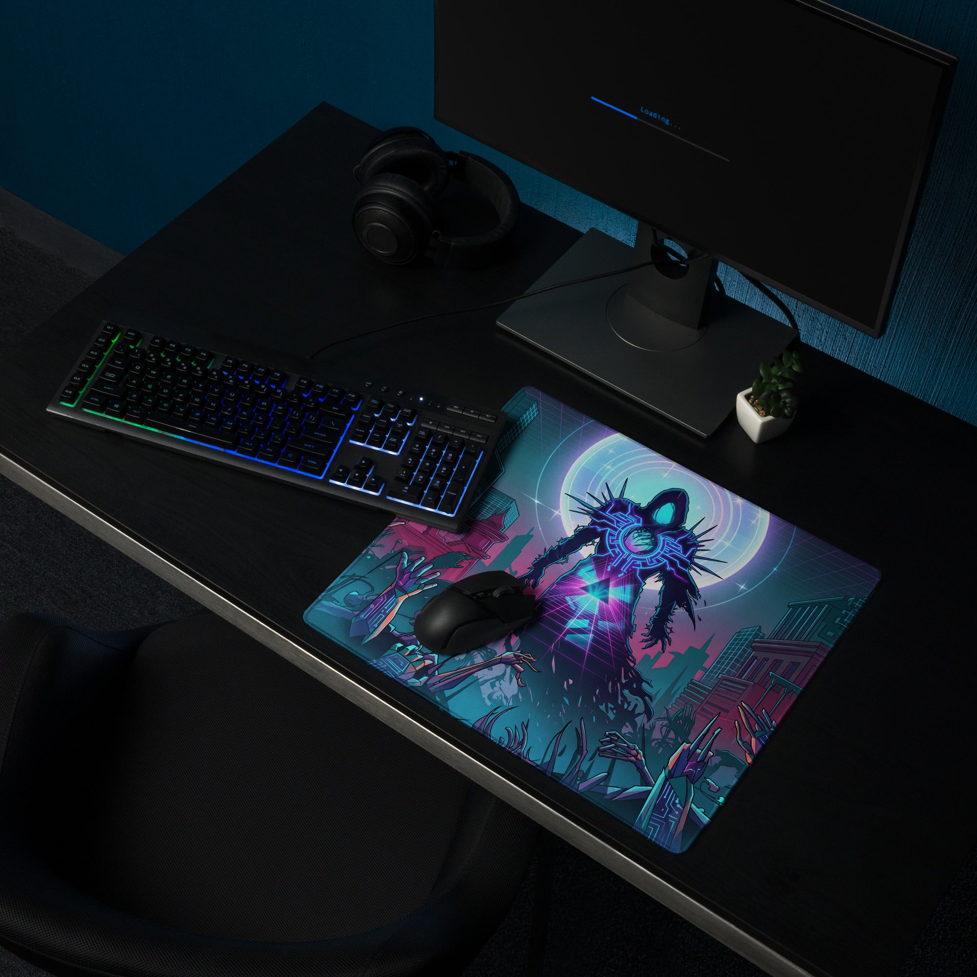 Neon void vaporwave gaming mouse pad with vibrant neon blue and magenta sci-fi character design in digital art style