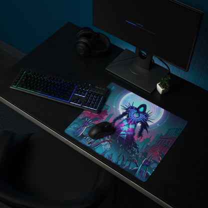 Neon void vaporwave gaming mouse pad with vibrant neon blue and magenta sci-fi character design in digital art style