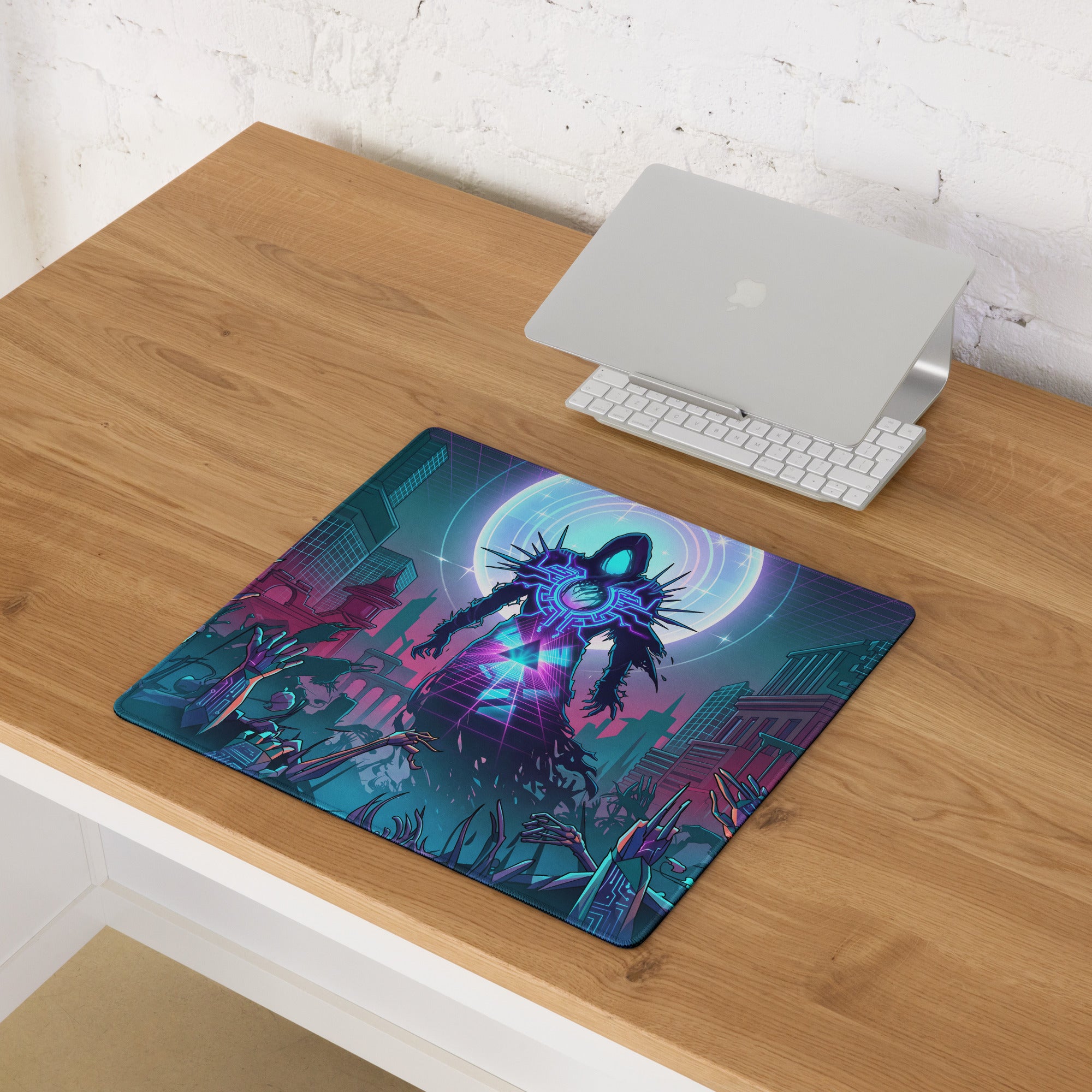 Neon void vaporwave gaming mouse pad with nebula theme glowing spiky figure cosmic cityscape purple teal hues