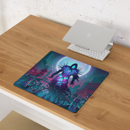 Neon void vaporwave gaming mouse pad with nebula theme glowing spiky figure cosmic cityscape purple teal hues