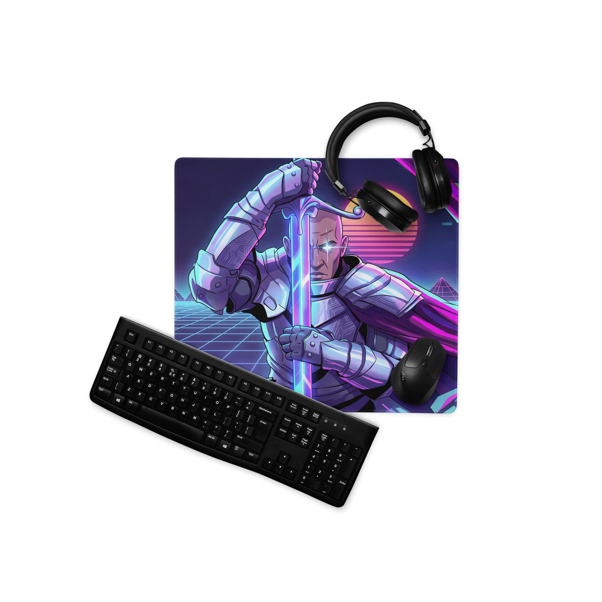 Neon vaporwave cyber mouse pad featuring a nineties-inspired purple and blue cyberpunk knight with black headphones on top