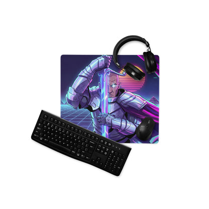 Neon vaporwave cyber mouse pad featuring a nineties-inspired purple and blue cyberpunk knight with black headphones on top