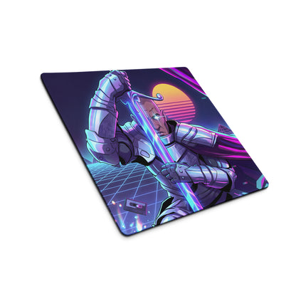 Neon vaporwave cyber mouse pad featuring a knight in metallic armor with glowing sword on purple orange sunset background