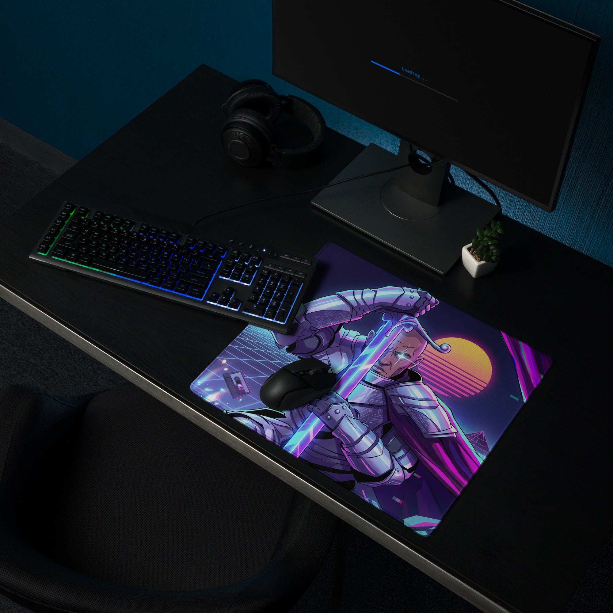 Neon vaporwave cyber gaming mouse pad featuring a purple and neon design with an armored ninjago character and glowing sword