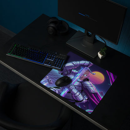 Neon vaporwave cyber gaming mouse pad featuring a purple and neon design with an armored ninjago character and glowing sword