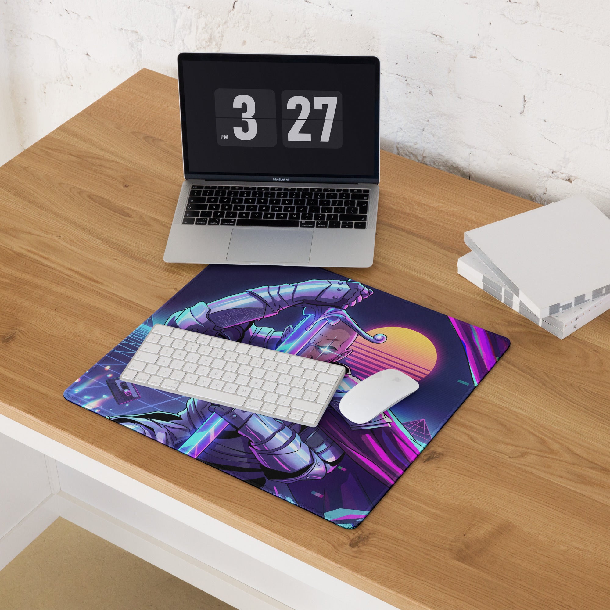 Vibrant purple and neon blue retro futuristic astronaut themed neon vaporwave cyber mouse pad with glowing sunset backdrop