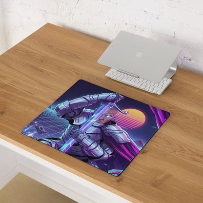 Nineteen-inch rectangular neon vaporwave cyber mouse pad with vibrant retro-futuristic knight illustration in pink purple and blue