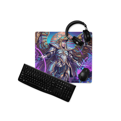Neon vaporwave angel gaming mouse pad in vibrant purple and blue featuring a fantasy warrior in metallic armor