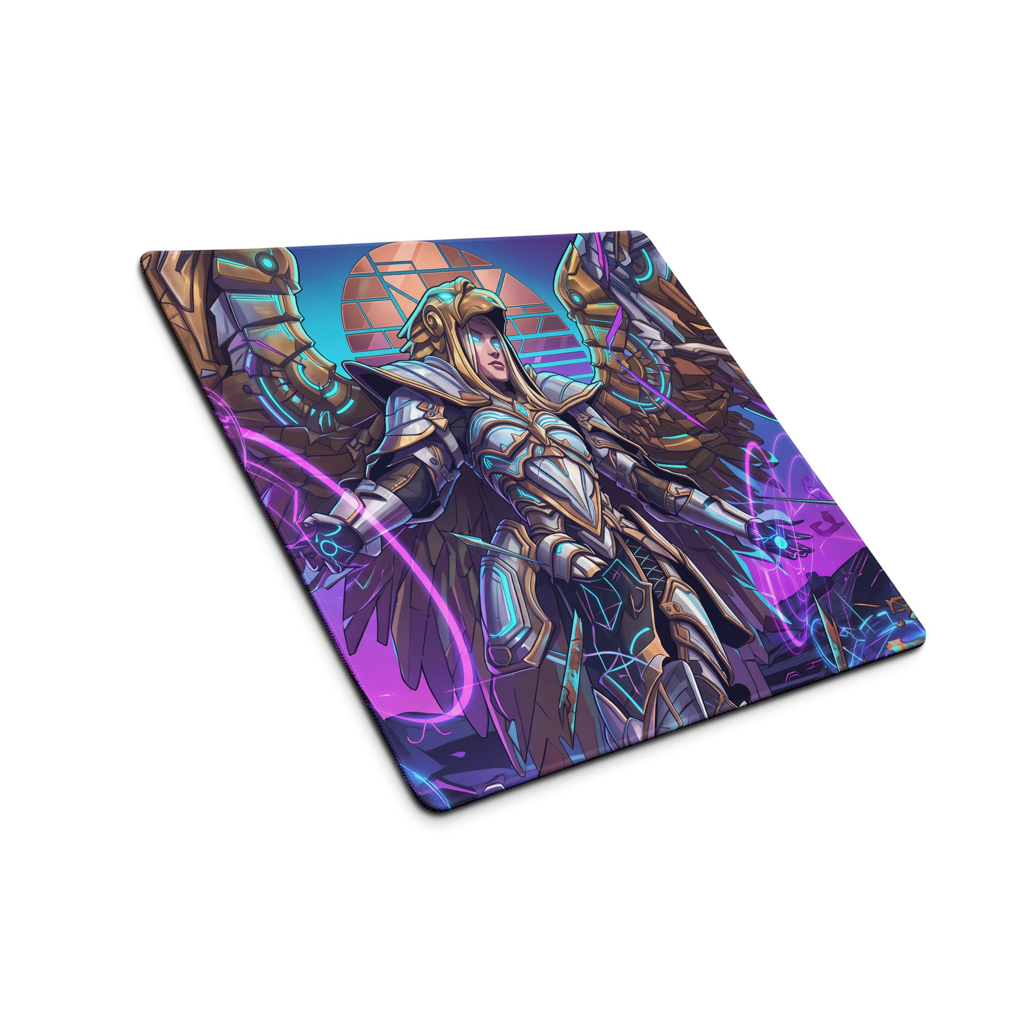Neon vaporwave angel gaming mouse pad with vibrant purple and blue neon colors and an armored angelic figure design