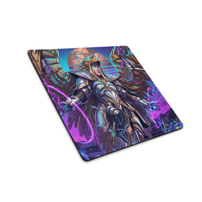 Neon vaporwave angel gaming mouse pad with vibrant purple and blue neon colors and an armored angelic figure design