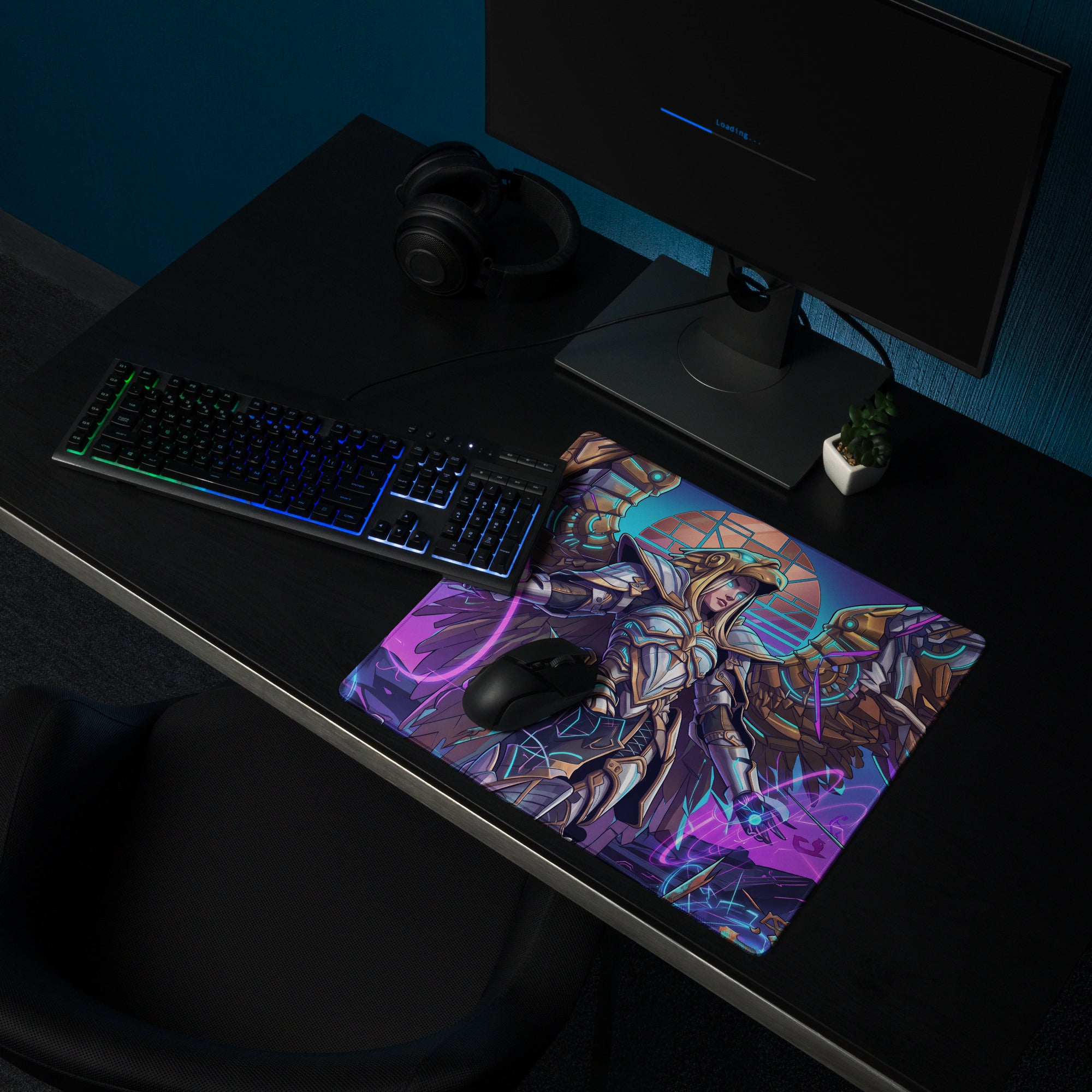 Vibrant purple and gold gaming mousepad with a detailed futuristic warrior illustration for neon synthwave decor