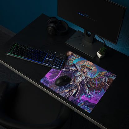 Vibrant purple and gold gaming mousepad with a detailed futuristic warrior illustration for neon synthwave decor