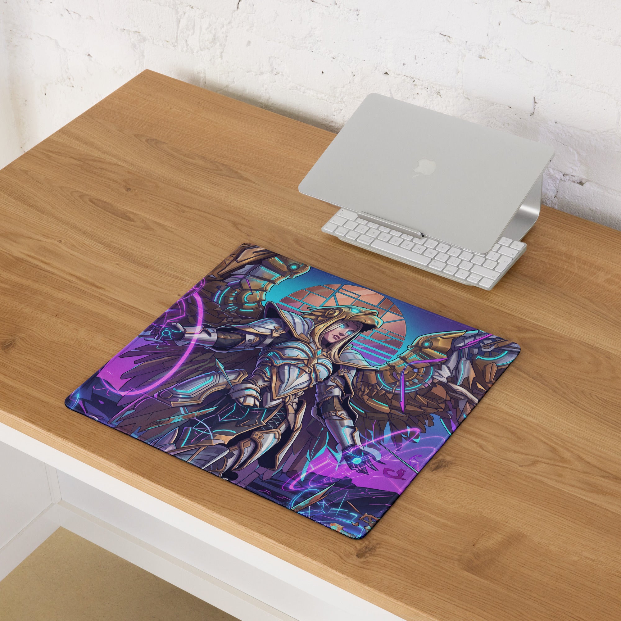A vibrant neon purple blue rectangular gaming mouse pad with a futuristic warrior illustration and glowing energy effects