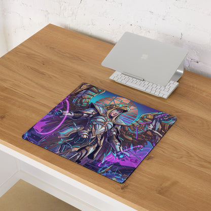 A vibrant neon purple blue rectangular gaming mouse pad with a futuristic warrior illustration and glowing energy effects