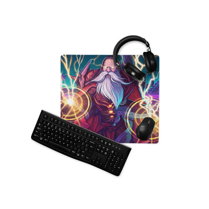Vibrant vaporwave wizard neon console mat featuring a purple red and gold fantasy gaming mousepad with lightning effects
